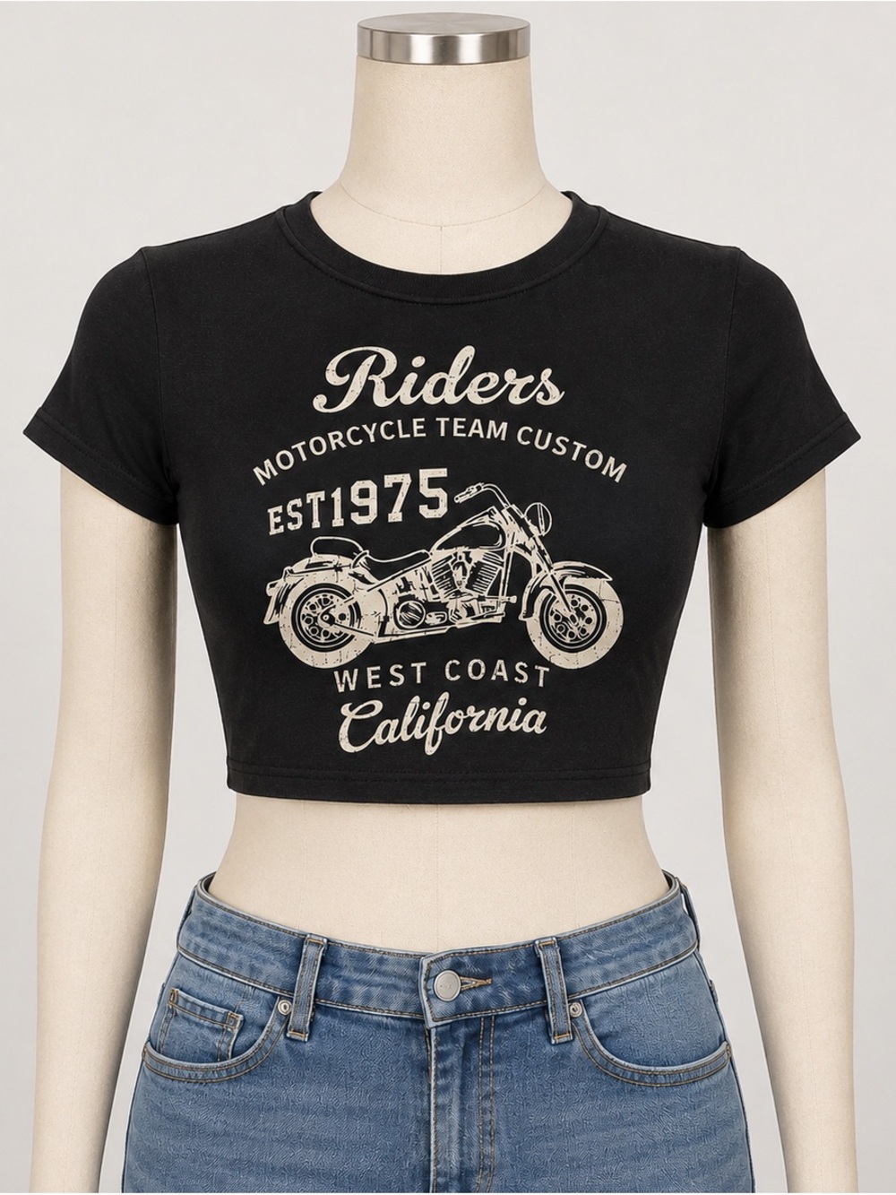 SHEIN Black Crop Tank with Cream Motorcycle Graphic